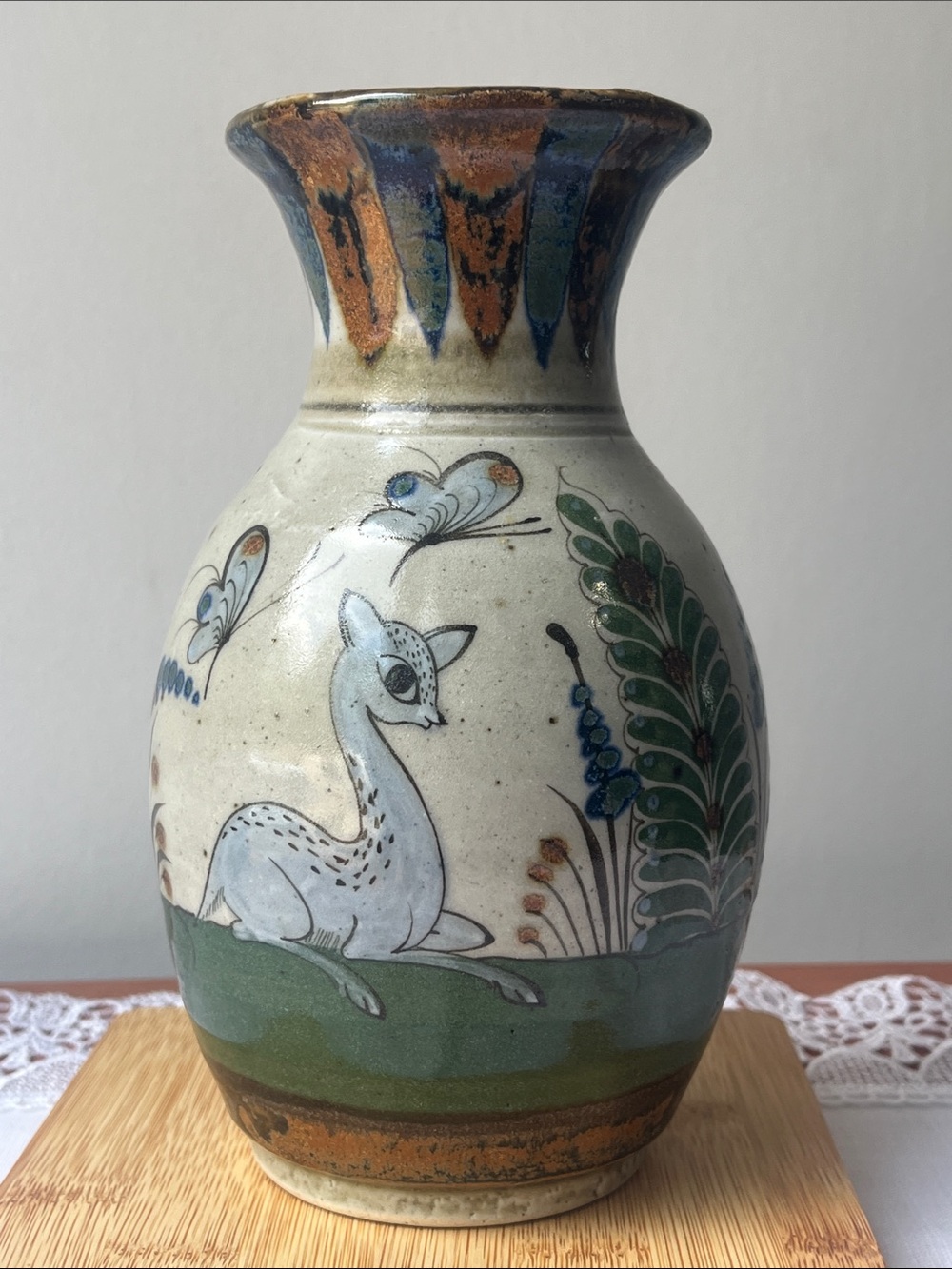 Vtg Tonala Mexican Pottery Vase Hand Painted Stoneware Deer Mexico Signed